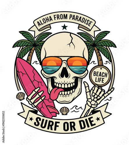 Retro surf skull with sunglasses and surfboard isolated on transparent background for beach life design Best Selling T-shirt Design