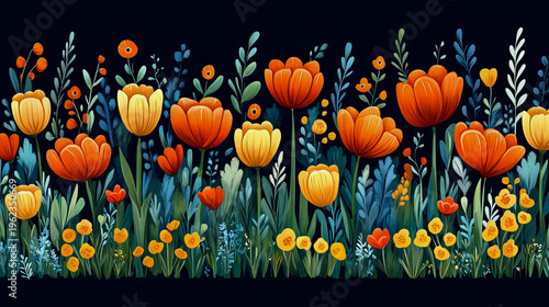 Vibrant and whimsical garden border featuring stylized orange and yellow tulip-like flowers amidst lush blue-green foliage on dark, enchanting background, perfect for decorative themes.