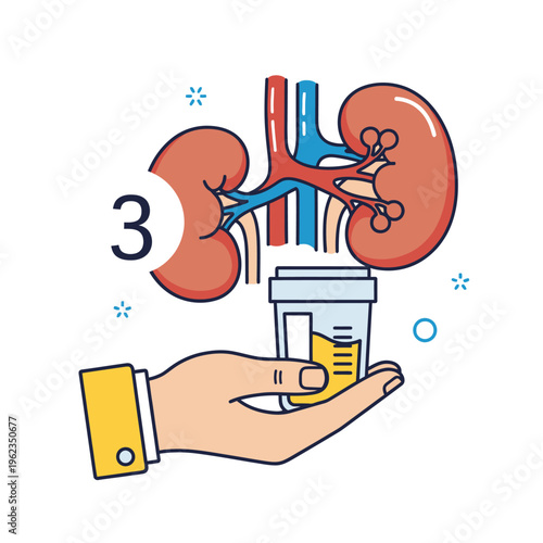 Hand holding urine sample cup near kidneys illustration, medical test concept