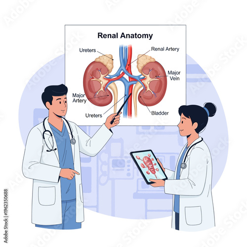 Doctors explaining renal anatomy diagram, showing kidneys, ureters, artery, vein, and bladder.