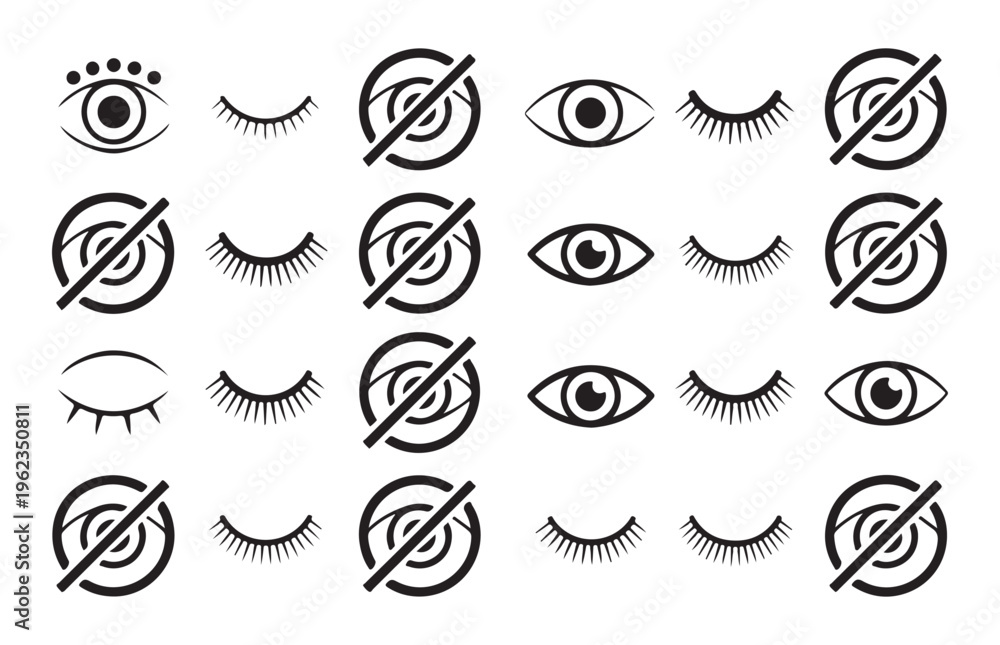 Naklejka premium Set of eye and visibility icons. open eye, closed eye, and crossed out eye for hide or show interface.