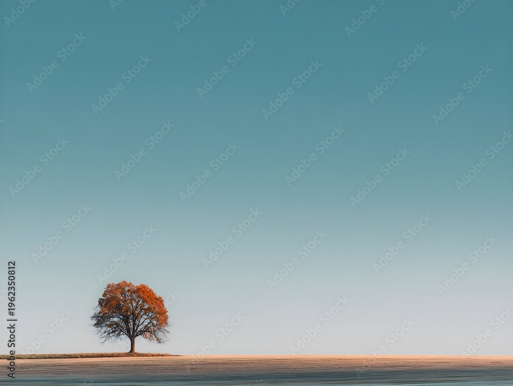 Obraz premium Single Tree with Orange Leaves in Open Field Under Blue Sky
