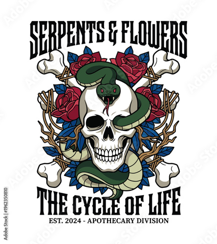 Stylized graphic illustration of a skull entwined with a serpent amidst roses and bones Best Selling T-shirt Design