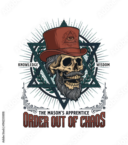 Symbolic skull wearing a top hat with all seeing eye and key in mouth surrounded by geometric shapes Best Selling T-shirt Design