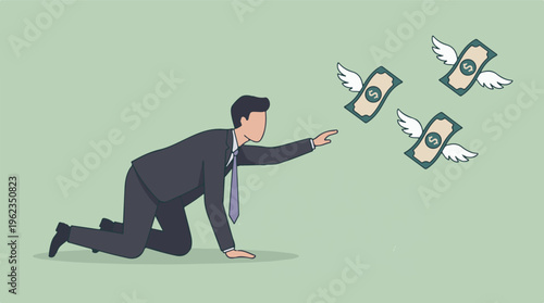 Businessman reaching for flying money, symbolizing financial loss and expenses