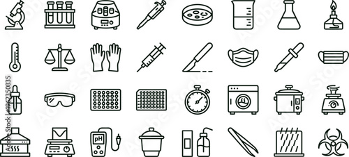 Medical laboratory equipment outline icon set with diagnostics testing chemistry microbiology experiment symbols for healthcare apps dashboards interfaces presentations education materials