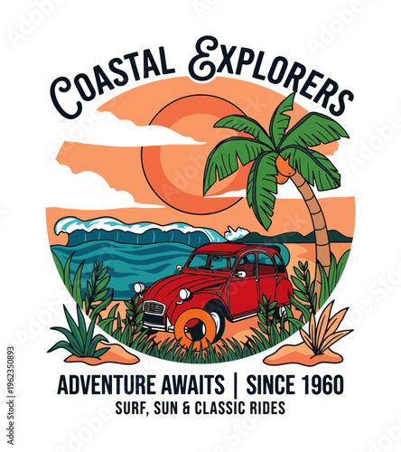 Vintage red car parked on sandy beach with palm tree and ocean waves under a sunset sky with clouds for coastal explorers Best Selling T-shirt Design