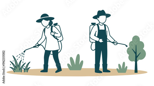 Gardeners or farmers using backpack sprayers to treat plants and weeds