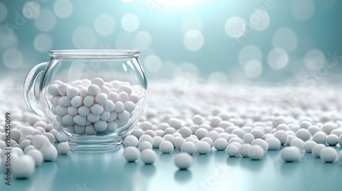 Elegant abstract image showcasing countless white spheres in delicate glass jar and scattered across glossy blue surface with soft-focus bokeh, ideal for themes of clean technology, medicine, and sere