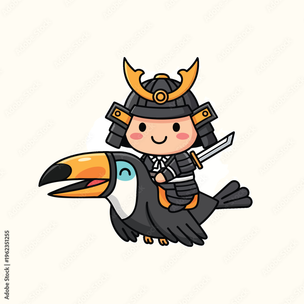 Naklejka premium A cartoon-style illustration of a samurai riding a toucan. The samurai has a happy face, sword, and traditional armor. The toucan is colorful