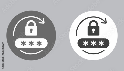 Circular icons showing padlock and asterisks for password entry, representing secure login and user authentication.