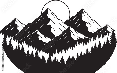 Majestic mountain range silhouette with pine forest and sun rising behind peaks, outdoor adventure and nature scene.