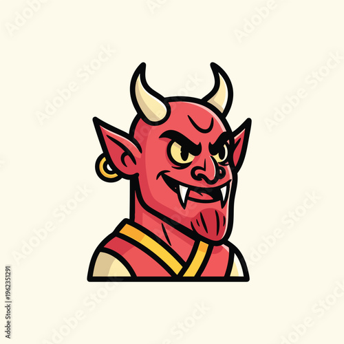 A cartoon devil's head, red skin with small horns, fangs, yellow eyes, earring, on a pale cream background. A grin is on his face