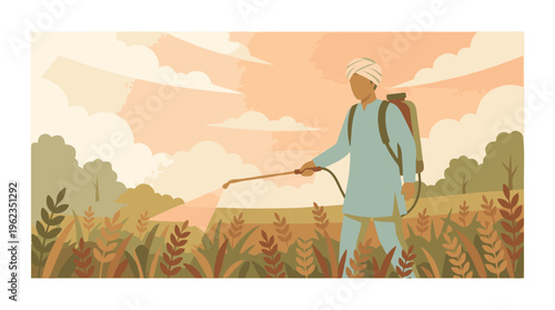 Farmer spraying crops with pesticide in a rural field landscape