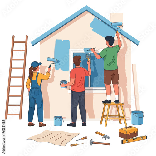 Home Renovation: Team Painting House Exterior with Blue Color