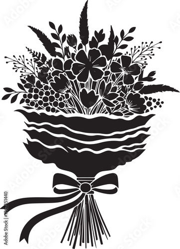 Black silhouette of a lush flower bouquet in decorative wrapping tied with a bow, elegant floral arrangement for design.