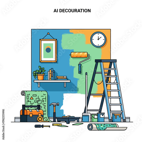 Home Renovation: Painting and Wallpapering a Room with Tools and Ladder