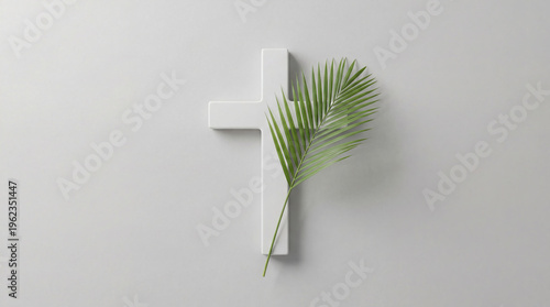 Minimalist, clean, and elegant representation of white cross adorned with vibrant green palm frond, symbolizing religious devotion, hope, and Easter season in serene, studio-lit setting with soft shad