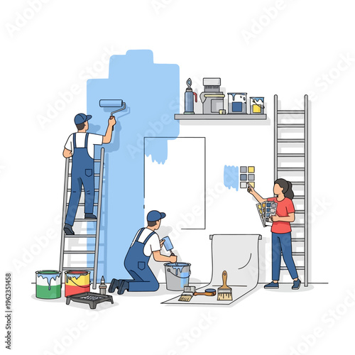 Home renovation team painting walls blue, choosing colors, and preparing for interior design.