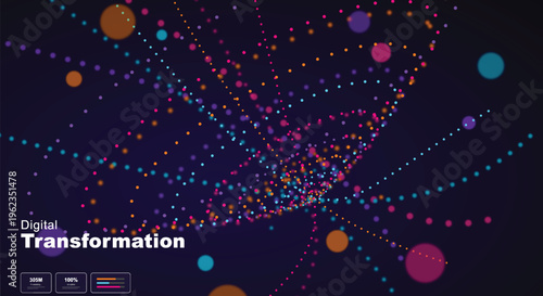 High technology digital transformation concept background with glowing colorful particle dots forming a complex wave motion and data visualization interface elements.
