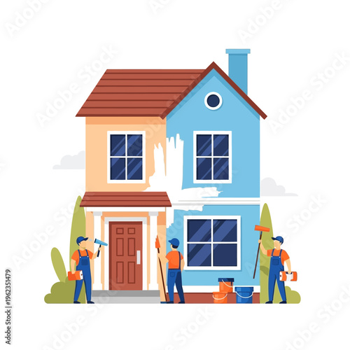 House painting service: workers renovate building exterior with blue and orange colors