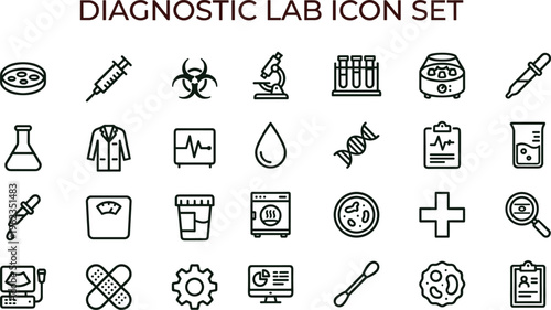 Diagnostic lab outline icon set with medical testing microbiology equipment symbols for healthcare apps dashboards interfaces presentations education materials