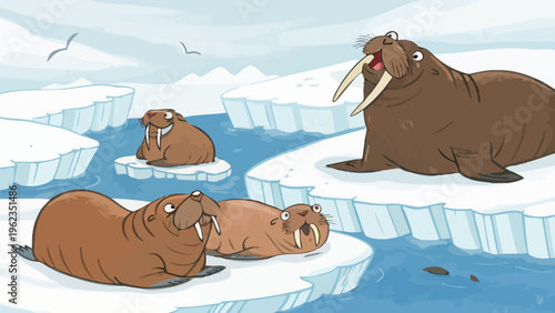 Group of walruses lounging on icebergs in the arctic ocean with a large walrus standing on a floe