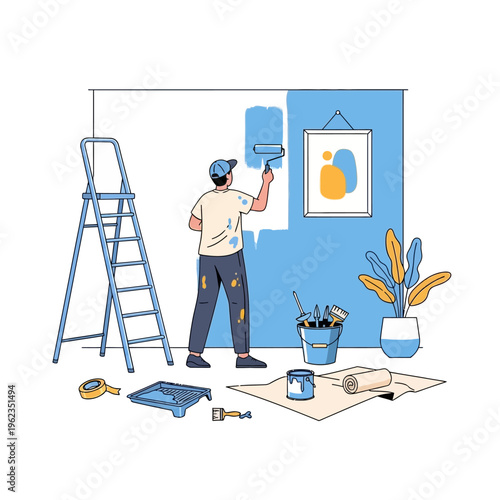 Man painting wall blue with roller, home renovation, interior design, DIY project