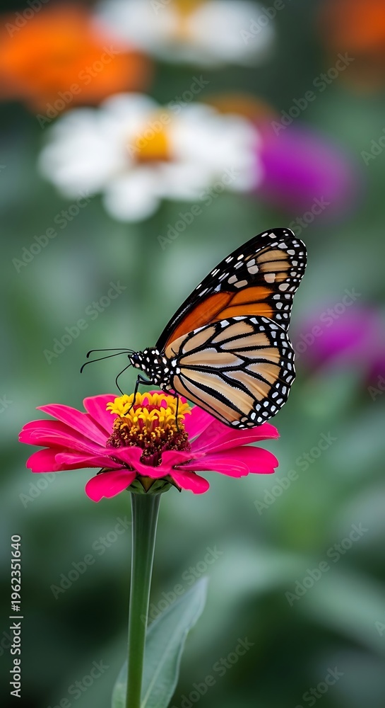 Obraz premium A monarch butterfly lands on a vibrant pink flower in a garden with colorful blooms.