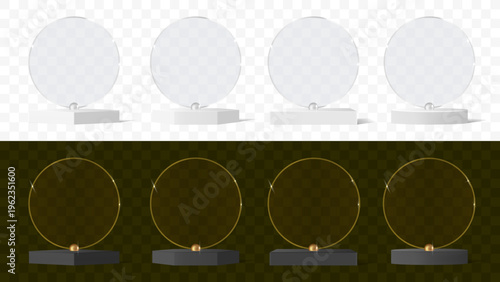3D Glass Award Trophy Set with Gold Ring, Transparent Crystal Plaque on Podium, Luxury Winner Badge Vector Collection