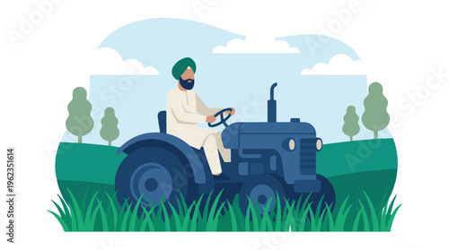 Illustration of an Indian farmer driving a tractor in a green field