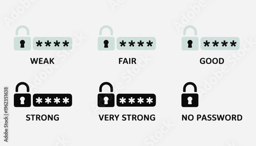 Password strength meter icons lock icons asterisk symbols weak fair good strong very strong no password locked.