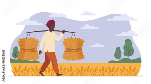 Farmer carrying harvest bundles on shoulder pole in a rural field