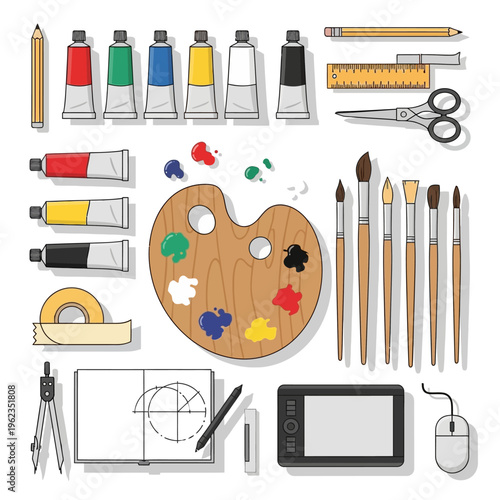 Art Supplies Flat Lay: Drawing Tools, Paint Palette, Brushes, Pencils, Ruler, Scissors, Tablet
