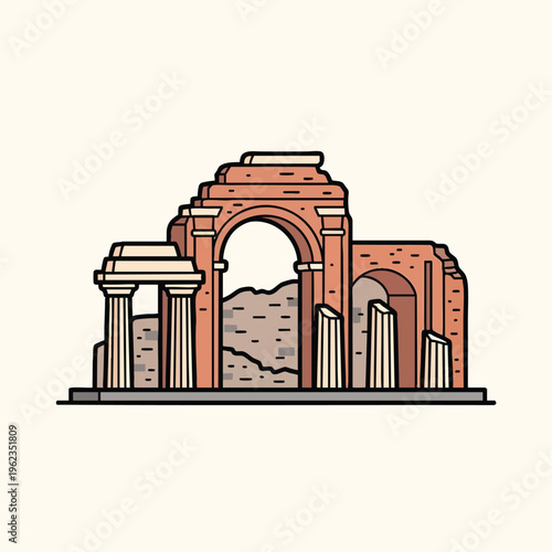 A stylized illustration of ancient ruins, featuring an archway, columns, and dilapidated walls against a cream background