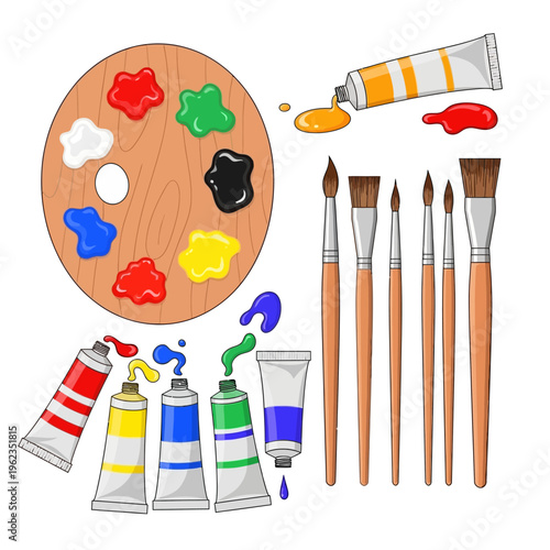 Art Supplies: Paint Palette, Brushes, and Tubes of Colorful Paint