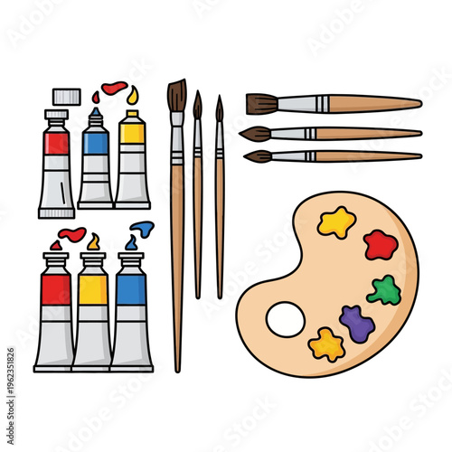 Art supplies: paint tubes, brushes, and palette with colorful paints, isolated on white