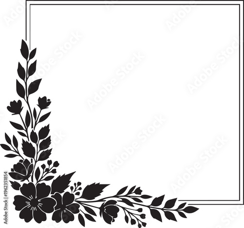 Decorative square frame with intricate floral corner design, featuring delicate flowers and leaves in silhouette form.