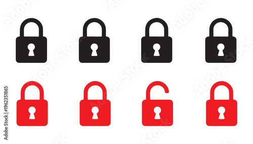 Set of black and red padlock icons showing locked and unlocked status with keyhole isolated on white background.