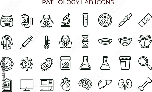 Pathology laboratory outline icon set with microbiology diagnostics medical testing equipment symbols for healthcare education apps dashboards interfaces presentations