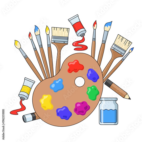 Artistic tools: paint palette, brushes, tubes of paint, pencil, and jar of water