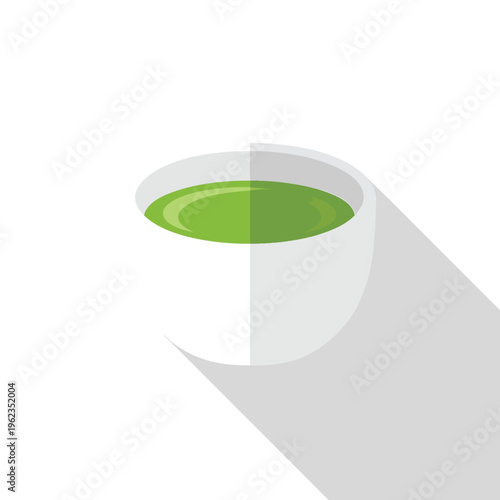 A minimalist illustration of a white teacup filled with a vibrant green liquid, possibly a beverage. A long shadow creates depth on a white background