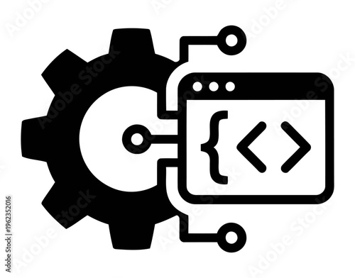 Programmable system gear and coding interface icon | automated software development and web script concept | black vector illustration