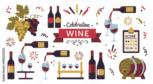 Wine Celebration Elements Collection with Bottles Glasses Grapes and Barrel.