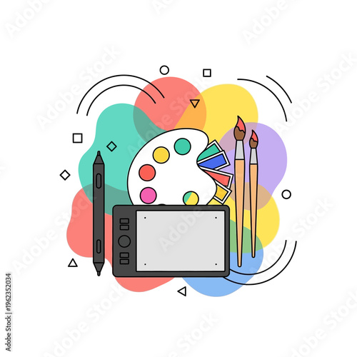 Digital art tools: graphic tablet, stylus, paint palette, brushes on colorful abstract background