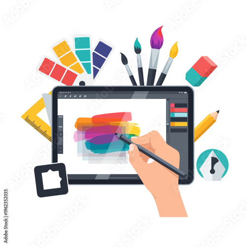 Digital Art Creation: Tablet, Stylus, Brushes, Color Swatches, Ruler, Eraser