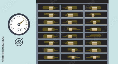 Wine Cellar Temperature Control System with Thermometer and Bottles.