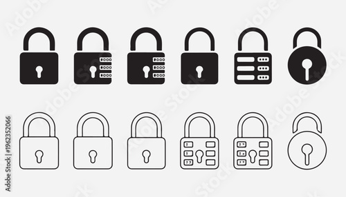 Various padlock icons including combination locks and traditional keyhole designs in black and outline styles.