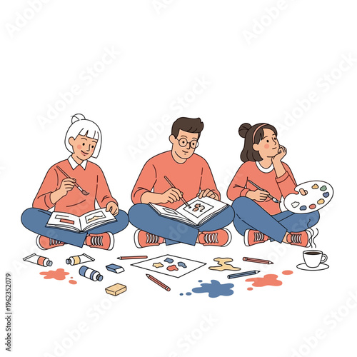 Diverse friends painting and drawing together, creative hobby, art class, inspiration