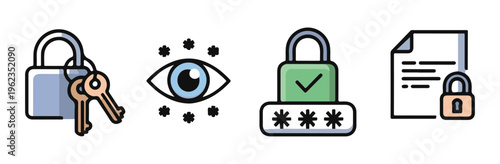 Cyber security concept icons including padlock with keys biometric eye scan and encrypted document protection.